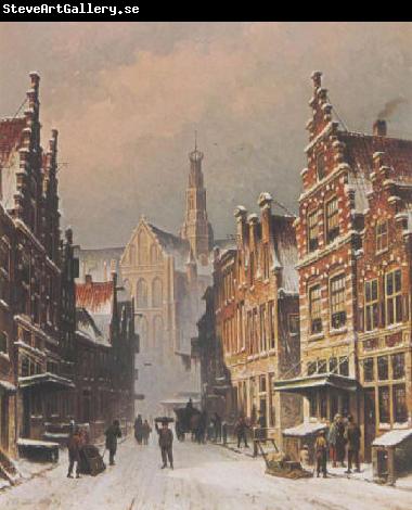 Eduard Alexander Hilverdink A snowy view of the Smedestraat, Haarlem